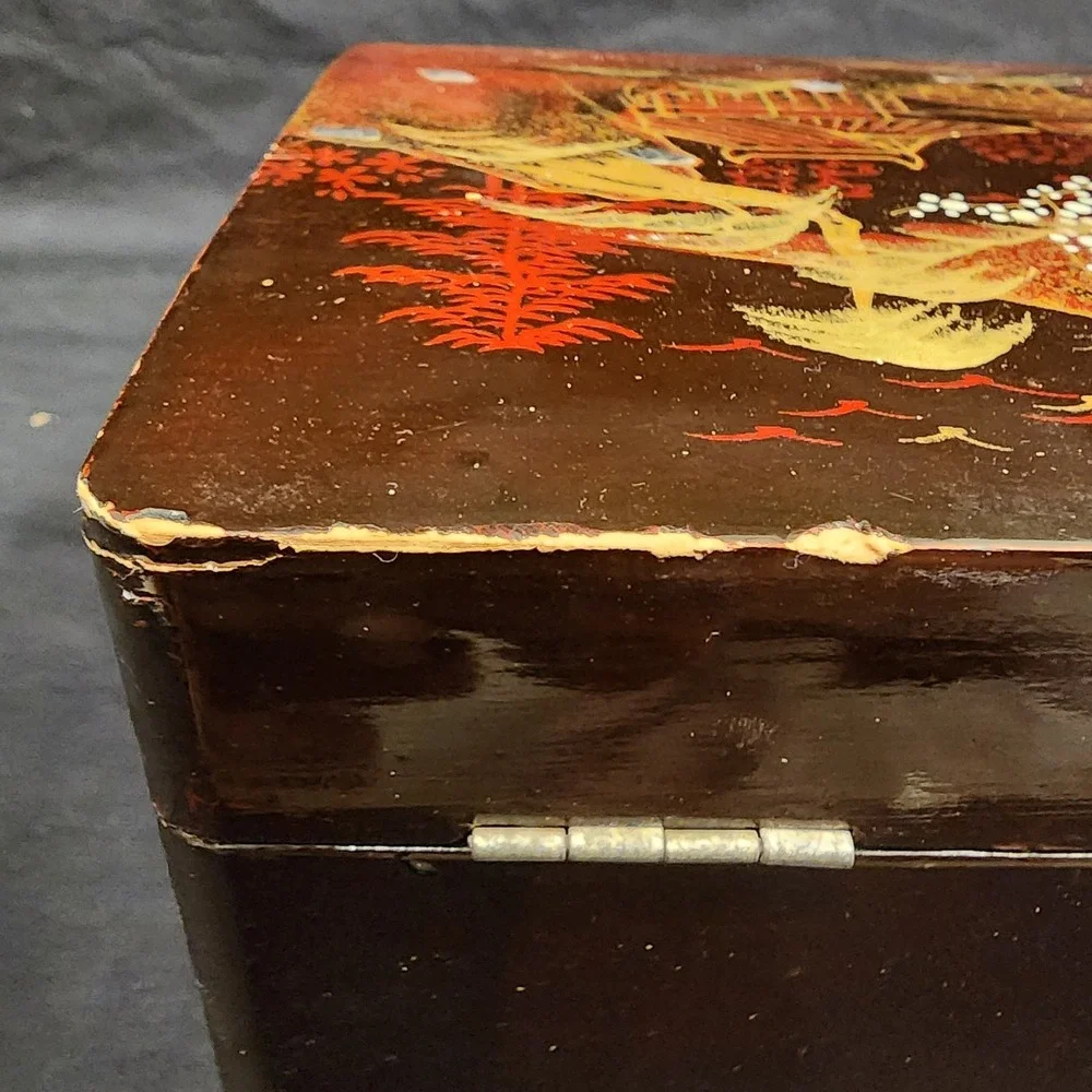 Vintage Japanese Black Lacquered Music Jewelry Box Mother Of Pearl Painted Works